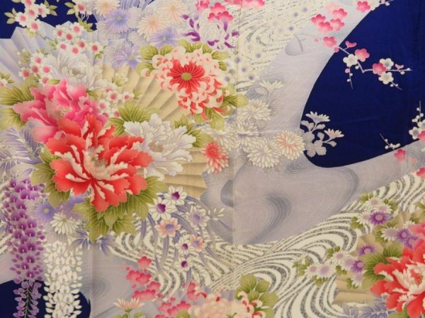 Photo8: 5708T10z1100  Japanese Kimono Silk FURISODE Peony Dark lavender blue (8)
