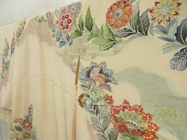 Photo2: 5708T11z850 Vintage Japanese Kimono Silk TSUKESAGE Flowers Light cream (2)