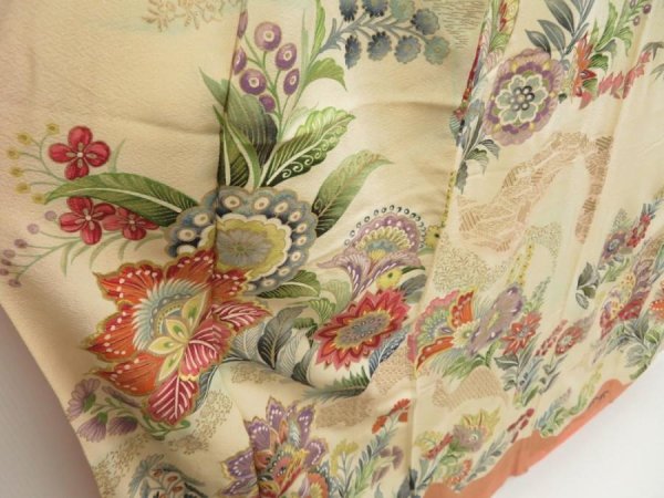 Photo3: 5708T11z850 Vintage Japanese Kimono Silk TSUKESAGE Flowers Light cream (3)