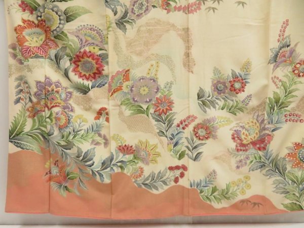 Photo5: 5708T11z850 Vintage Japanese Kimono Silk TSUKESAGE Flowers Light cream (5)
