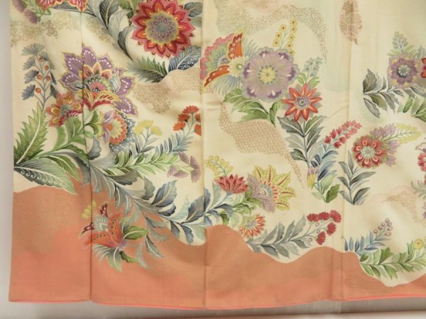 Photo6: 5708T11z850 Vintage Japanese Kimono Silk TSUKESAGE Flowers Light cream (6)