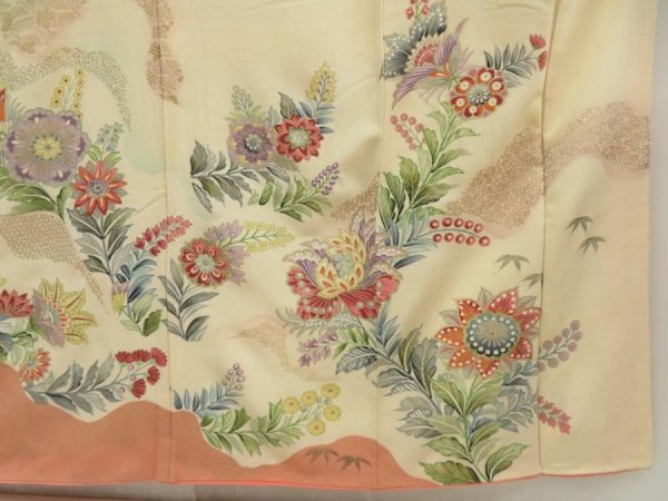 Photo7: 5708T11z850 Vintage Japanese Kimono Silk TSUKESAGE Flowers Light cream (7)