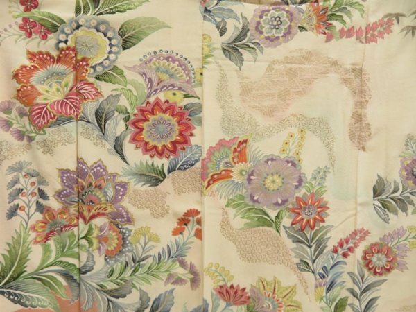 Photo8: 5708T11z850 Vintage Japanese Kimono Silk TSUKESAGE Flowers Light cream (8)