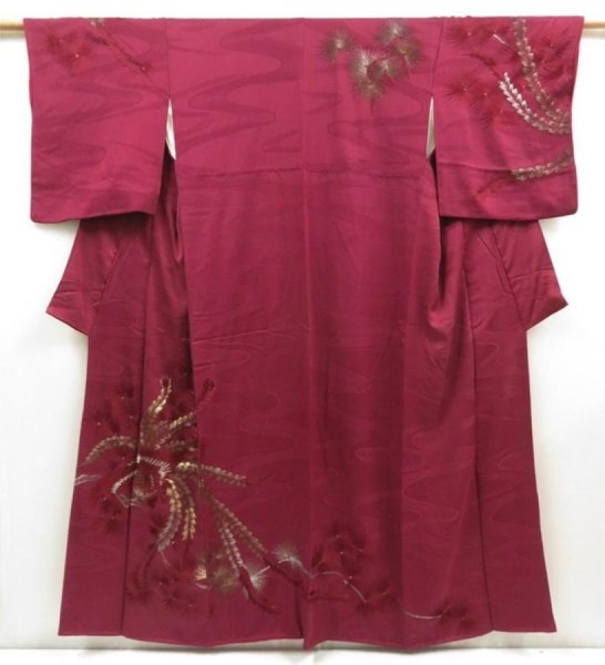 Photo1: 5708T12z940 Vintage Japanese Kimono Silk TSUKESAGE Phoenix Wine red (1)