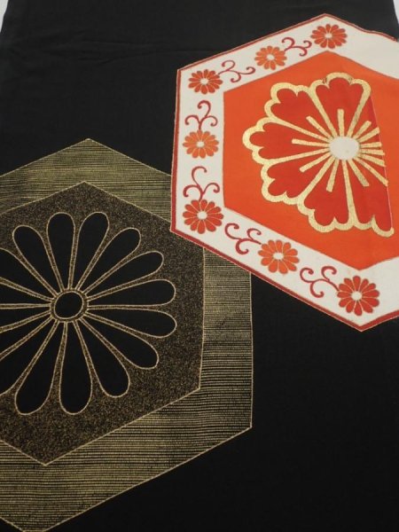 Photo1: 1V01z110  Japanese Kimono Silk  FABRIC Flower Black 64.6x14.2 (1)