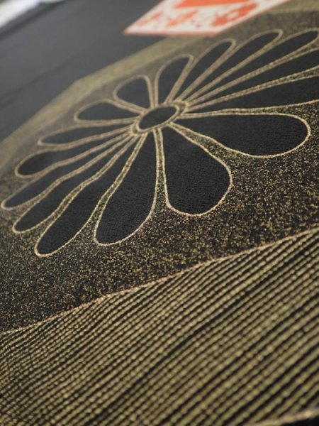 Photo3: 1V01z110  Japanese Kimono Silk  FABRIC Flower Black 64.6x14.2 (3)