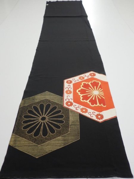 Photo6: 1V01z110  Japanese Kimono Silk  FABRIC Flower Black 64.6x14.2 (6)