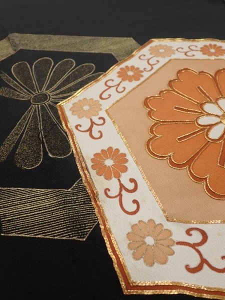 Photo3: 1V02z110  Japanese Kimono Silk  FABRIC Flower Black 64.6x14.2 (3)