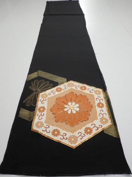 Photo8: 1V02z110  Japanese Kimono Silk  FABRIC Flower Black 64.6x14.2 (8)