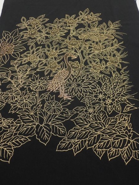 Photo1: 1V02z100  Japanese Kimono Silk  FABRIC Crane, Flowers Black 66.1x14.4 (1)