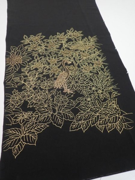 Photo2: 1V02z100  Japanese Kimono Silk  FABRIC Crane, Flowers Black 66.1x14.4 (2)