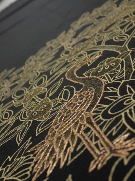 Photo4: 1V02z100  Japanese Kimono Silk  FABRIC Crane, Flowers Black 66.1x14.4 (4)