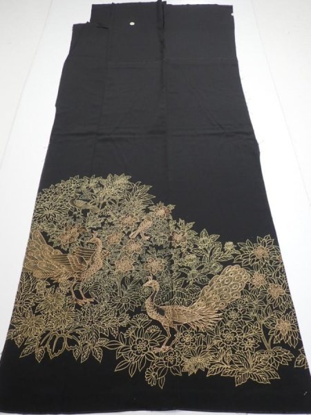 Photo1: 1V03z250  Japanese Kimono Silk  FABRIC Peacock Black 57.5x28.0 (1)
