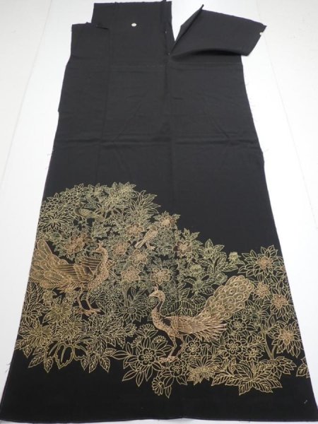 Photo2: 1V03z250  Japanese Kimono Silk  FABRIC Peacock Black 57.5x28.0 (2)