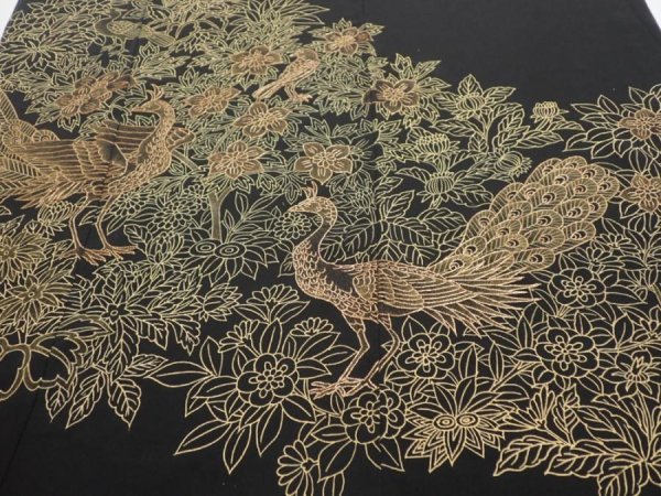 Photo3: 1V03z250  Japanese Kimono Silk  FABRIC Peacock Black 57.5x28.0 (3)