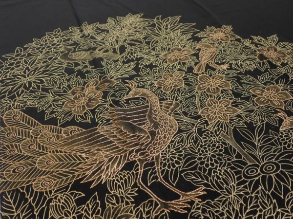 Photo4: 1V03z250  Japanese Kimono Silk  FABRIC Peacock Black 57.5x28.0 (4)