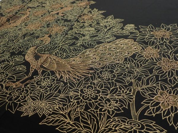 Photo5: 1V03z250  Japanese Kimono Silk  FABRIC Peacock Black 57.5x28.0 (5)
