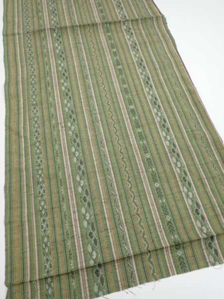 Photo2: 1V01z50  Japanese Kimono Silk TSUMUGI FABRIC Stripes Dull green 42.1x15.0 (2)