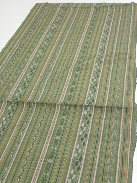 Photo3: 1V01z50  Japanese Kimono Silk TSUMUGI FABRIC Stripes Dull green 42.1x15.0 (3)