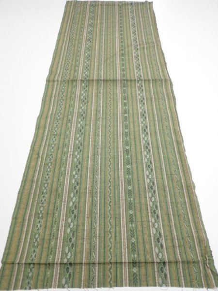 Photo5: 1V01z50  Japanese Kimono Silk TSUMUGI FABRIC Stripes Dull green 42.1x15.0 (5)
