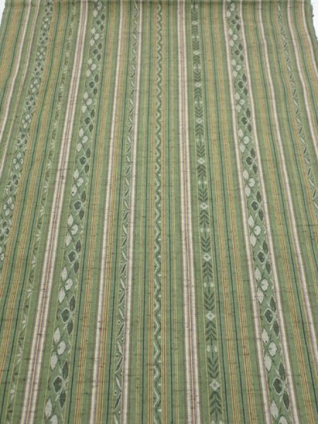 Photo1: 1V02z50  Japanese Kimono Silk TSUMUGI FABRIC Stripes Dull green 42.5x15.0 (1)