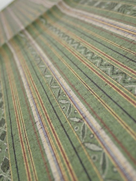 Photo4: 1V02z50  Japanese Kimono Silk TSUMUGI FABRIC Stripes Dull green 42.5x15.0 (4)