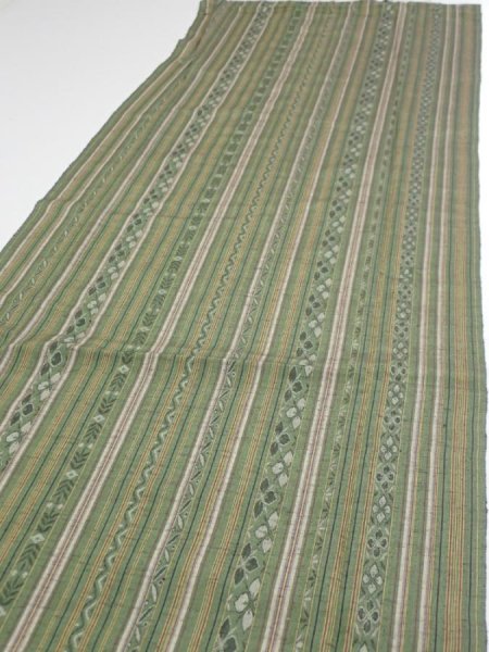 Photo3: 1V04z80  Japanese Kimono Silk TSUMUGI FABRIC Stripes Dull green 65.4x15.0 (3)