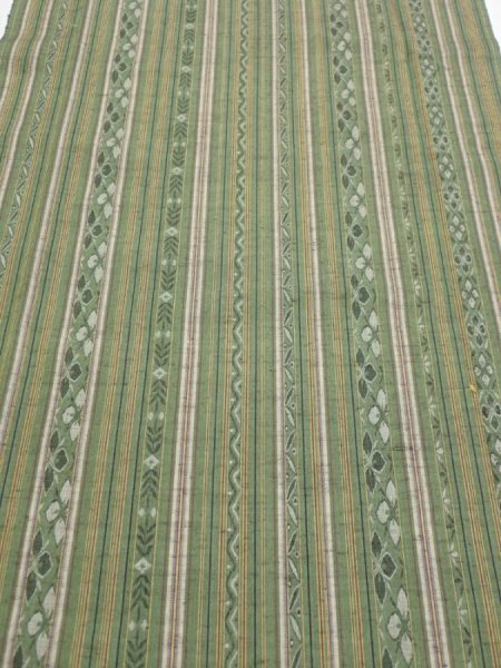 Photo1: 1V05z80  Japanese Kimono Silk TSUMUGI FABRIC Stripes Dull green 65.4x15.0 (1)