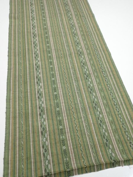 Photo2: 1V05z80  Japanese Kimono Silk TSUMUGI FABRIC Stripes Dull green 65.4x15.0 (2)