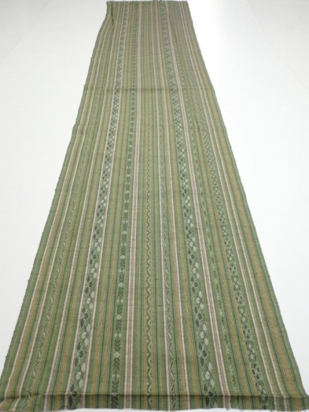 Photo5: 1V05z80  Japanese Kimono Silk TSUMUGI FABRIC Stripes Dull green 65.4x15.0 (5)