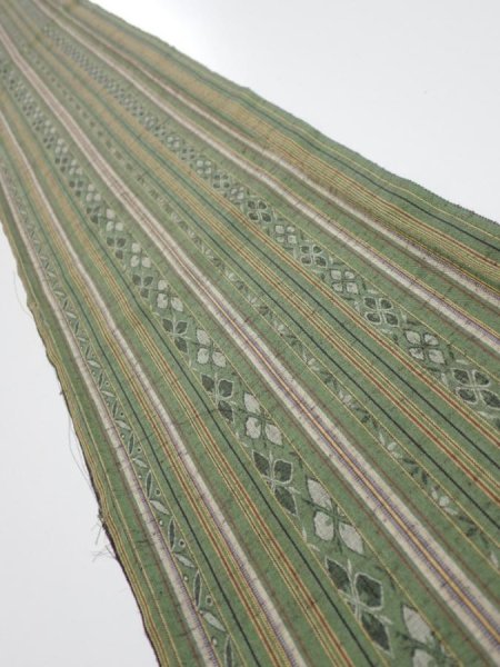 Photo1: 1V08z40  Japanese Kimono Silk TSUMUGI FABRIC Stripes Dull green 59.8x7.5 (1)