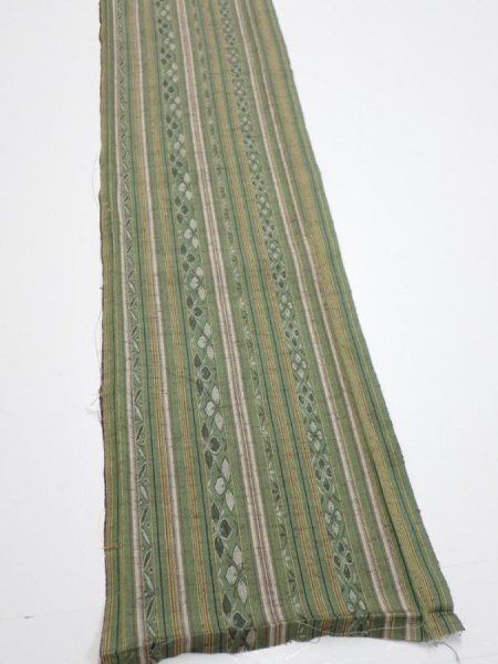 Photo2: 1V08z40  Japanese Kimono Silk TSUMUGI FABRIC Stripes Dull green 59.8x7.5 (2)