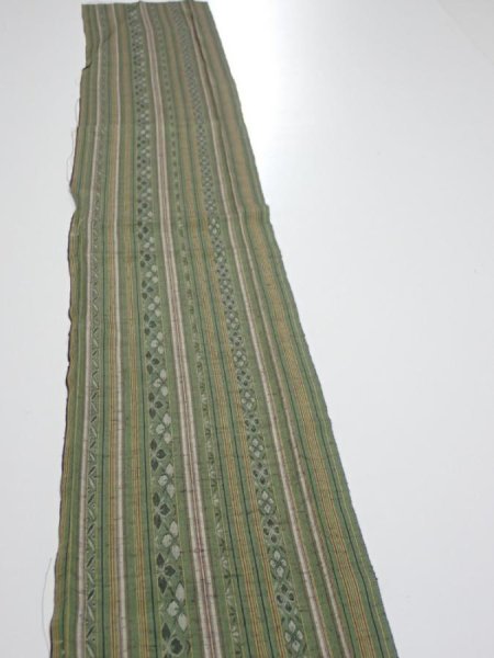 Photo3: 1V08z40  Japanese Kimono Silk TSUMUGI FABRIC Stripes Dull green 59.8x7.5 (3)
