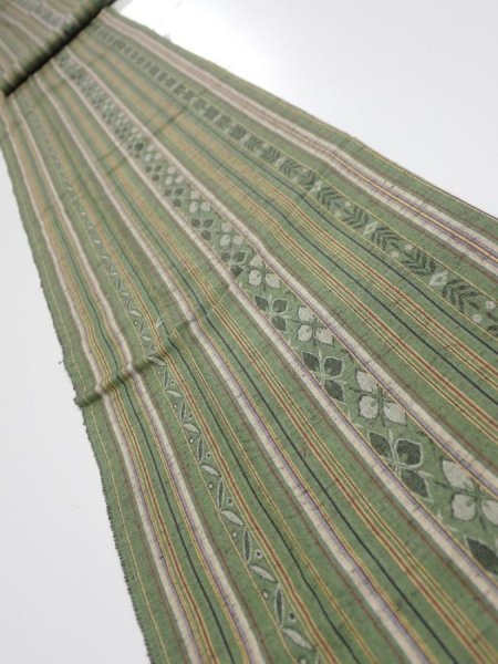 Photo1: 1V09z50  Japanese Kimono Silk TSUMUGI FABRIC Stripes Dull green 81.9x7.3 (1)