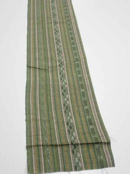 Photo2: 1V09z50  Japanese Kimono Silk TSUMUGI FABRIC Stripes Dull green 81.9x7.3 (2)
