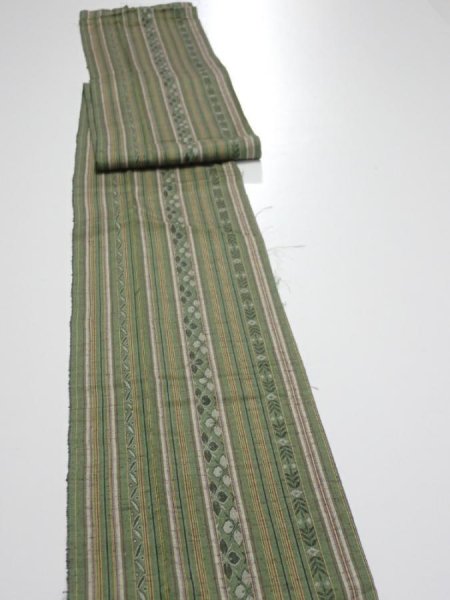 Photo3: 1V09z50  Japanese Kimono Silk TSUMUGI FABRIC Stripes Dull green 81.9x7.3 (3)