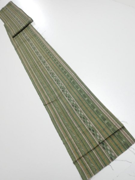 Photo5: 1V09z50  Japanese Kimono Silk TSUMUGI FABRIC Stripes Dull green 81.9x7.3 (5)