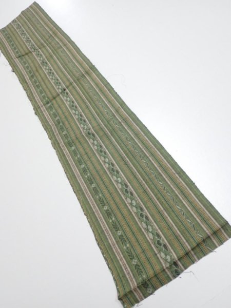 Photo1: 1V10z20  Japanese Kimono Silk TSUMUGI FABRIC Stripes Dull green 37.8x7.3 (1)