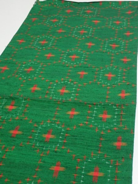 Photo3: 1V02z50  Japanese Kimono Silk TSUMUGI FABRIC  Green 39.8x14.2 (3)