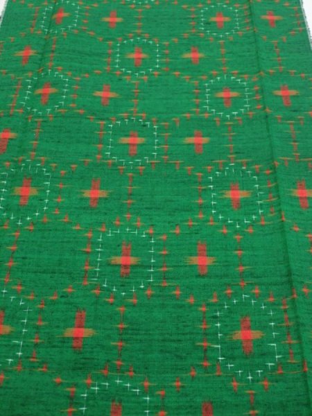 Photo1: 1V05z70  Japanese Kimono Silk TSUMUGI FABRIC  Green 65.0x14.2 (1)