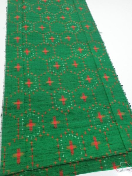 Photo2: 1V06z70  Japanese Kimono Silk TSUMUGI FABRIC  Green 65.0x14.2 (2)