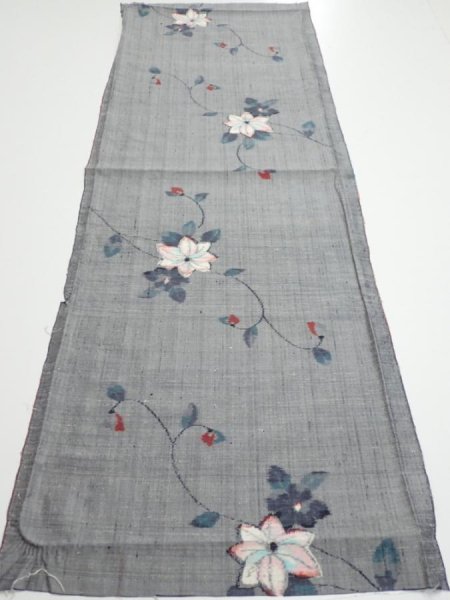 Photo4: 1V02z50  Japanese Kimono Silk TSUMUGI FABRIC Flower Gray 41.7x14.8 (4)