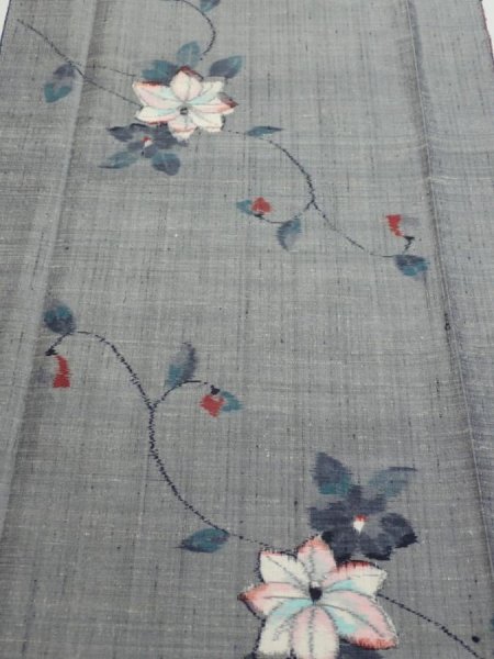 Photo1: 1V03z80  Japanese Kimono Silk TSUMUGI FABRIC Flower Gray 65.4x14.8 (1)