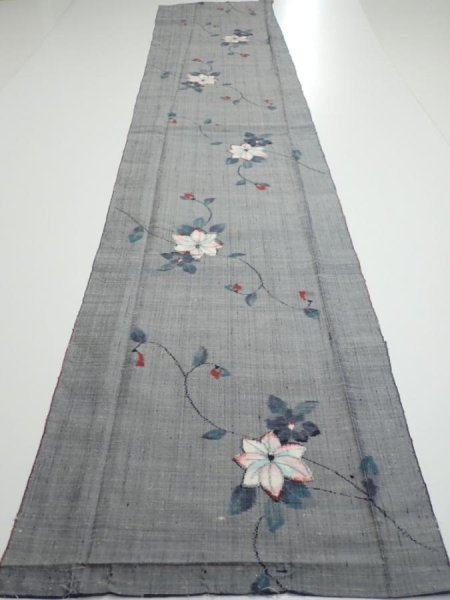 Photo5: 1V05z80  Japanese Kimono Silk TSUMUGI FABRIC Flower Gray 65.0x14.8 (5)