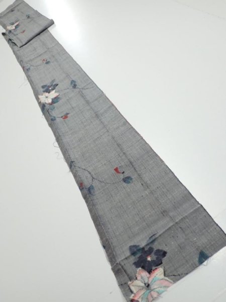 Photo5: 1V09z50  Japanese Kimono Silk TSUMUGI FABRIC Flower Gray 85.0x7.3 (5)
