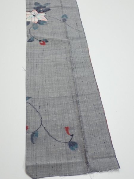 Photo4: 1V10z30  Japanese Kimono Silk TSUMUGI FABRIC Flower Gray 41.3x7.3 (4)