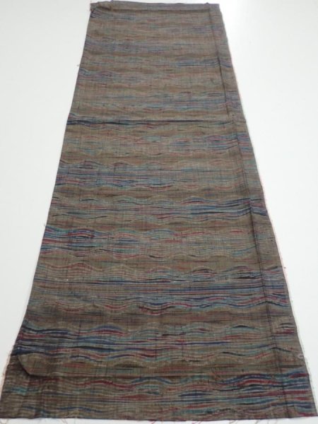 Photo5: 1V02z50  Japanese Kimono Silk TSUMUGI FABRIC  Olive brown 42.5x14.8 (5)