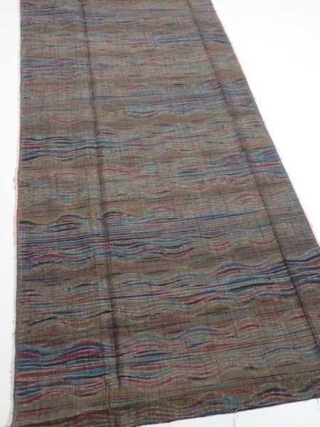 Photo2: 1V03z70  Japanese Kimono Silk TSUMUGI FABRIC  Olive brown 62.6x14.8 (2)