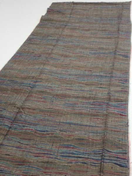 Photo3: 1V03z70  Japanese Kimono Silk TSUMUGI FABRIC  Olive brown 62.6x14.8 (3)