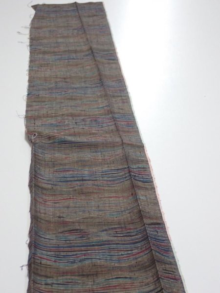 Photo3: 1V08z40  Japanese Kimono Silk TSUMUGI FABRIC  Olive brown 57.1x7.3 (3)